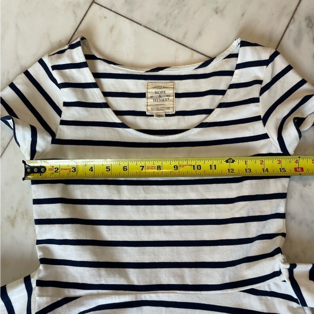 Hope & Henry, size 2, navy and white stripe fit & flare stretch mini dress w/tie - Picture 5 of 9